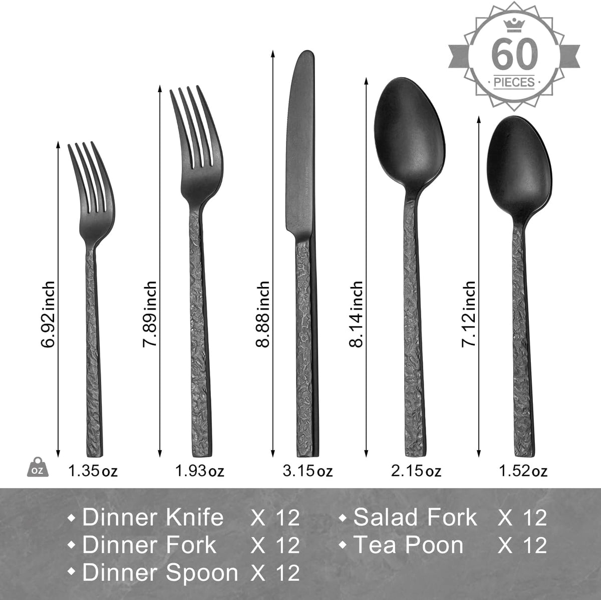 KINGSTONE 60 Pcs Black Hammered Silverware Set for 12, 18/10 Stainless Steel Heavy Duty Flatware
