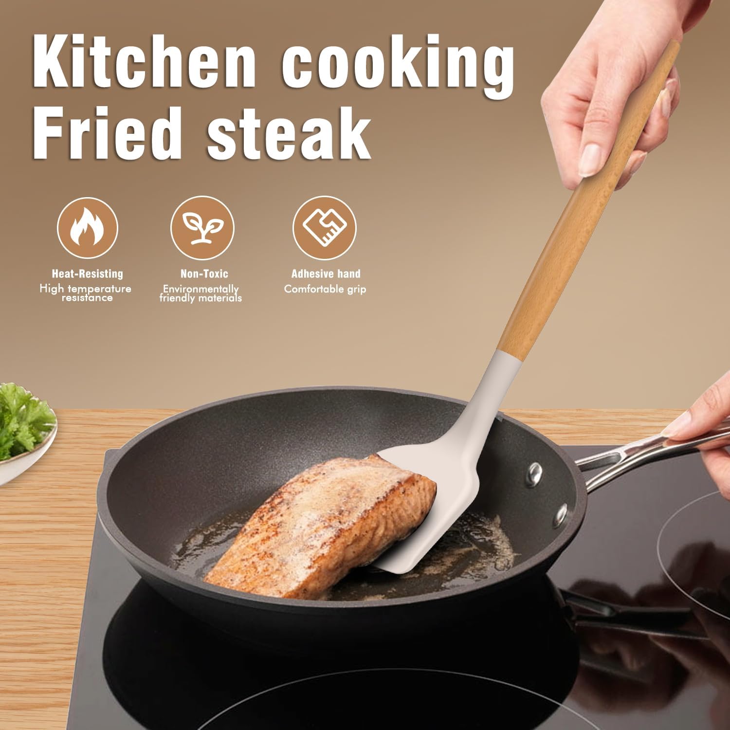 Silicone Cooking Utensils Set - Silicone Kitchen Utensils for Cooking Wooden Handles, 446°F Heat