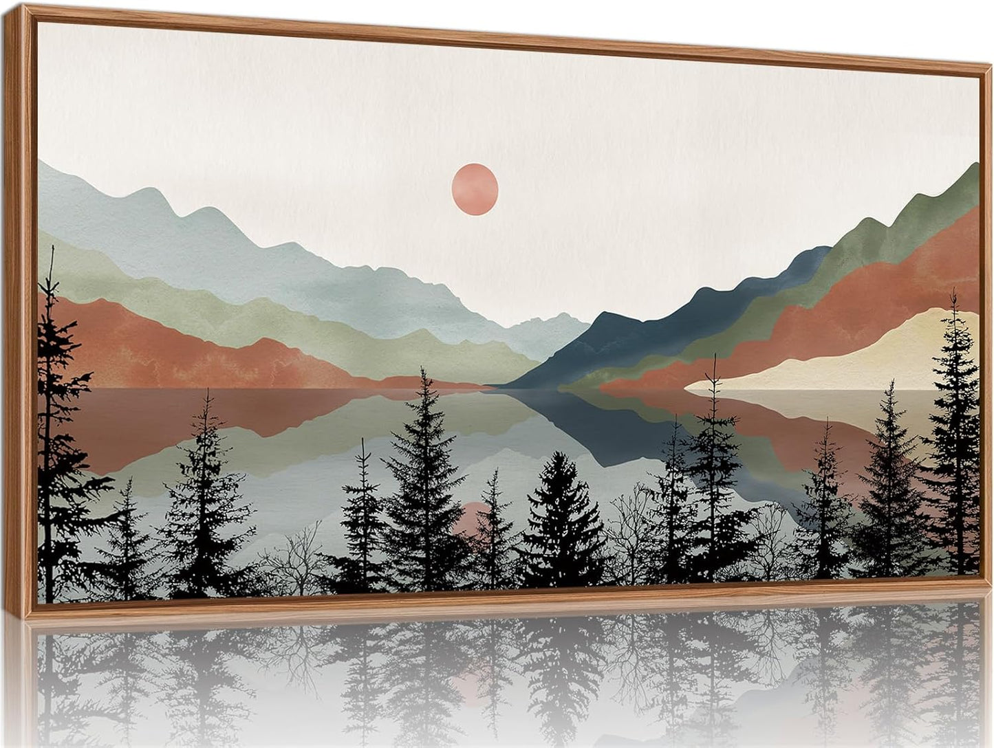 Tinonedraw Boho Mountain Framed Canvas Wall Art Set, Watercolor Nature Landscape Wall Decor