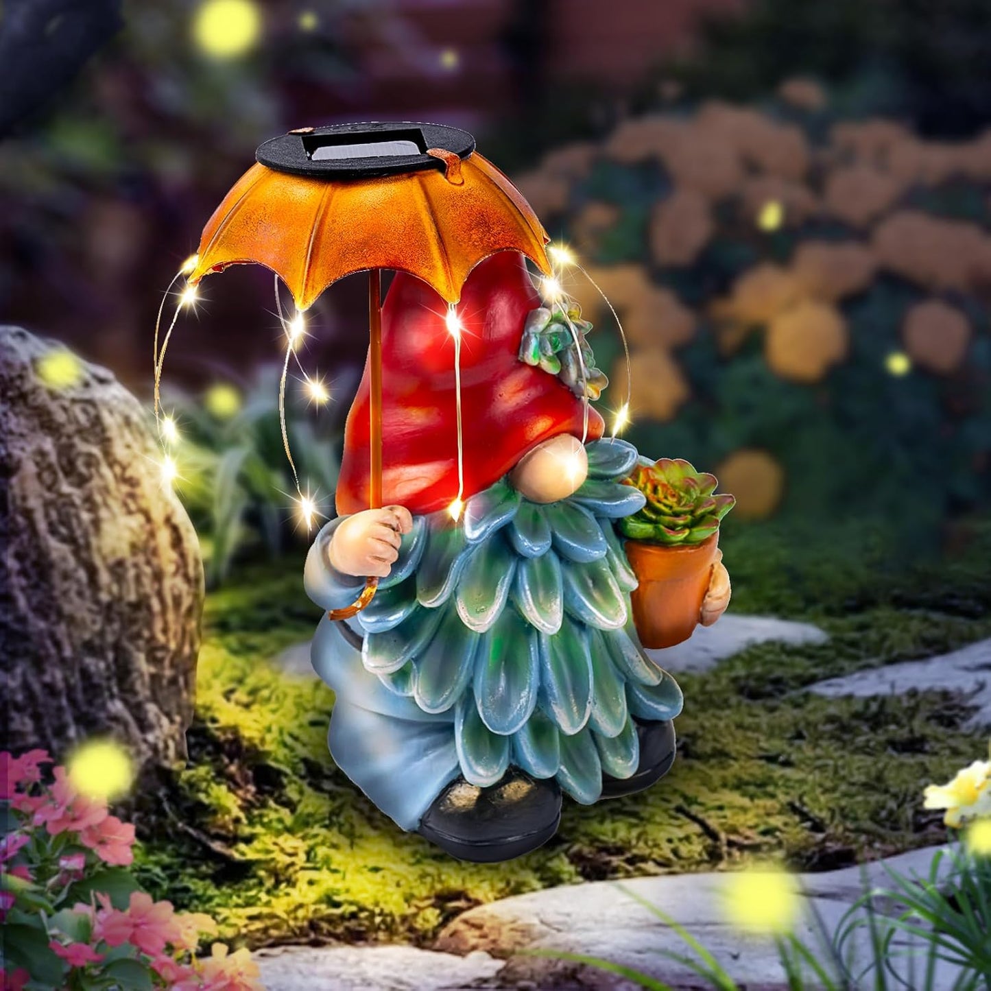 Solar Outdoor Statues Gnome Garden Decor, Garden Gnome with Solar LED Umbrella Decorative for