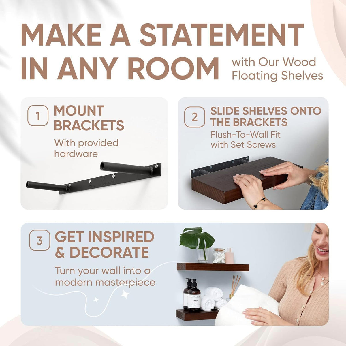 Homeforia Walnut Floating Bathroom Shelves, High End Solid Real Wood 16 inch Small Floating Shelf
