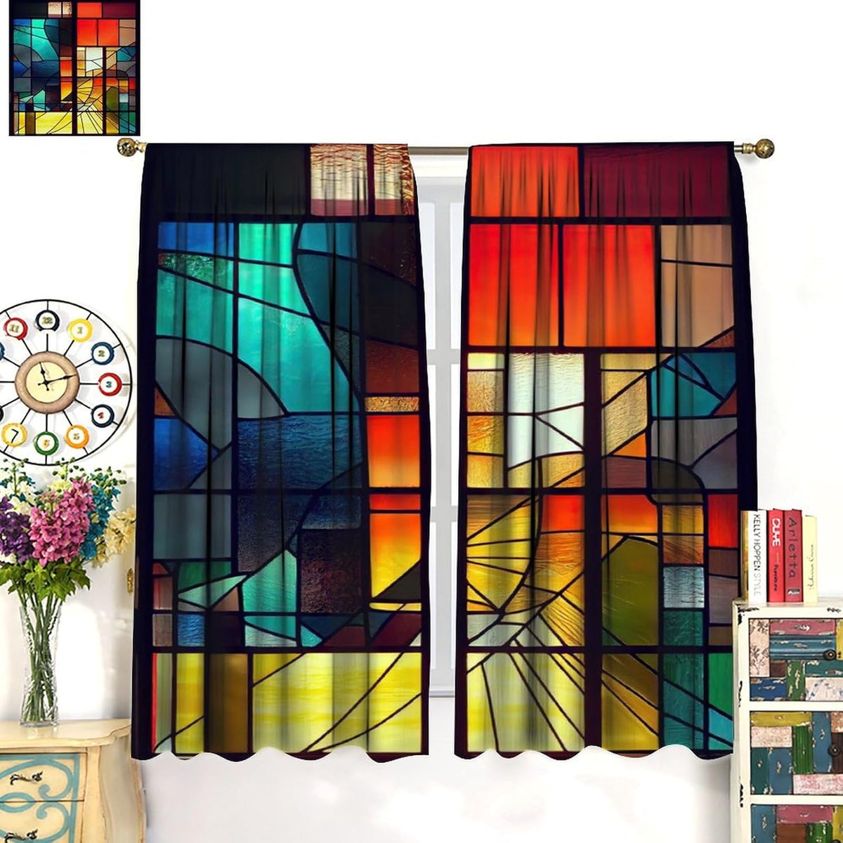 Stained Glass Curtains,Retro Abstract Colorful Geometry Textures Art Home Decor Drapes for Bedroom