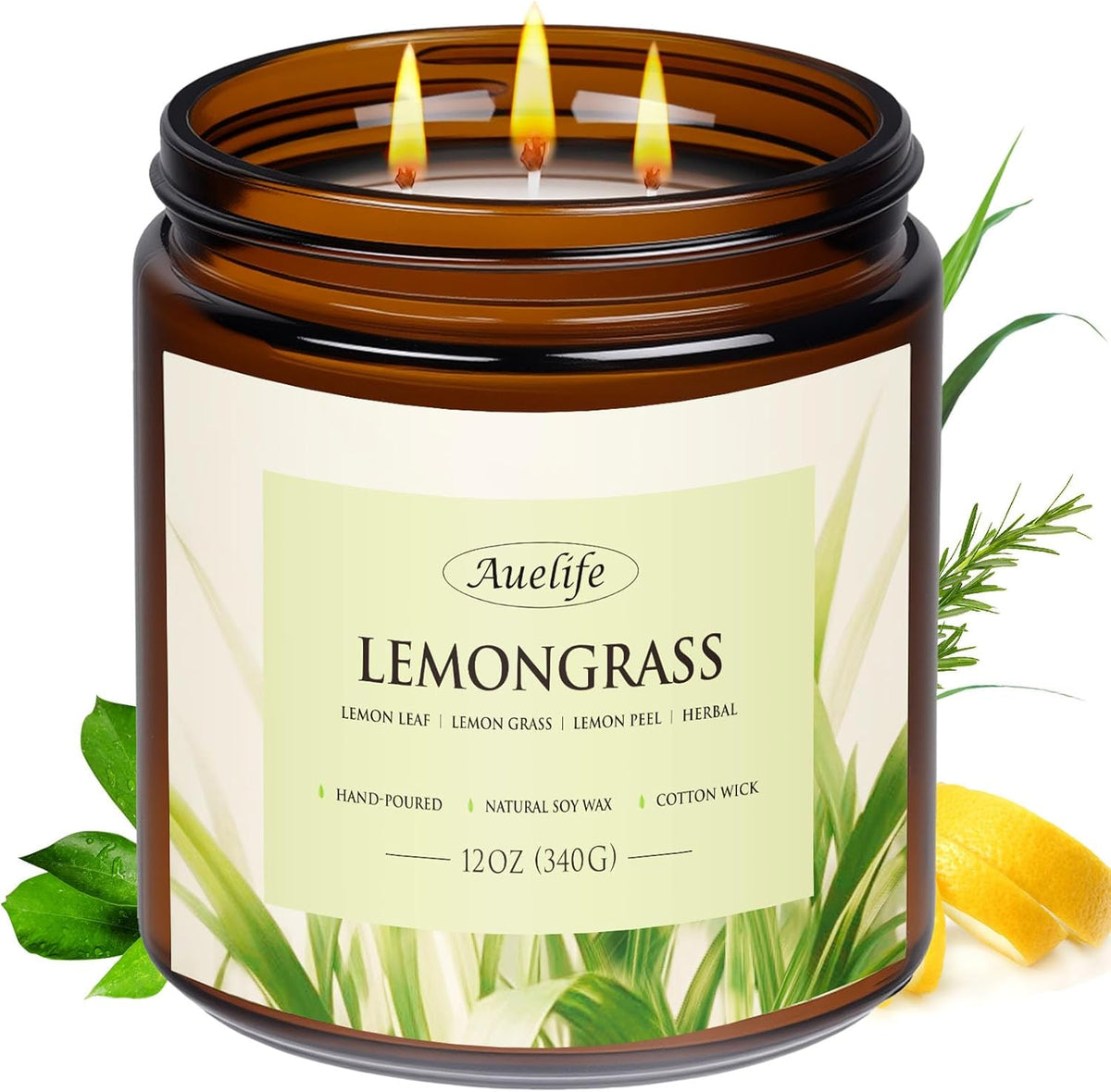Auelife Lemongrass Scented Candle | 3-Wick Jar Candle - 12oz Natural Soy Wax - Citronella Scent for