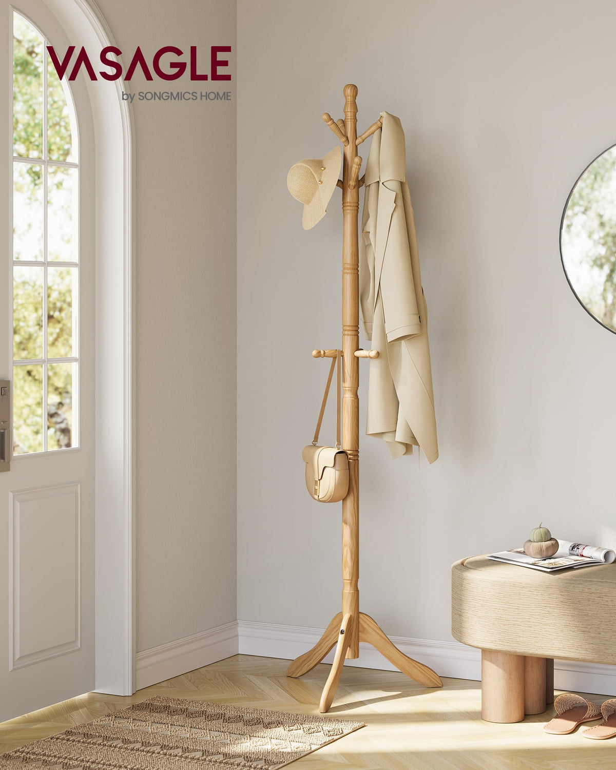VASAGLE Solid Wood Coat Rack and Stand, Free Standing Hall Coat Tree with 10 Hooks for Hats, Bags