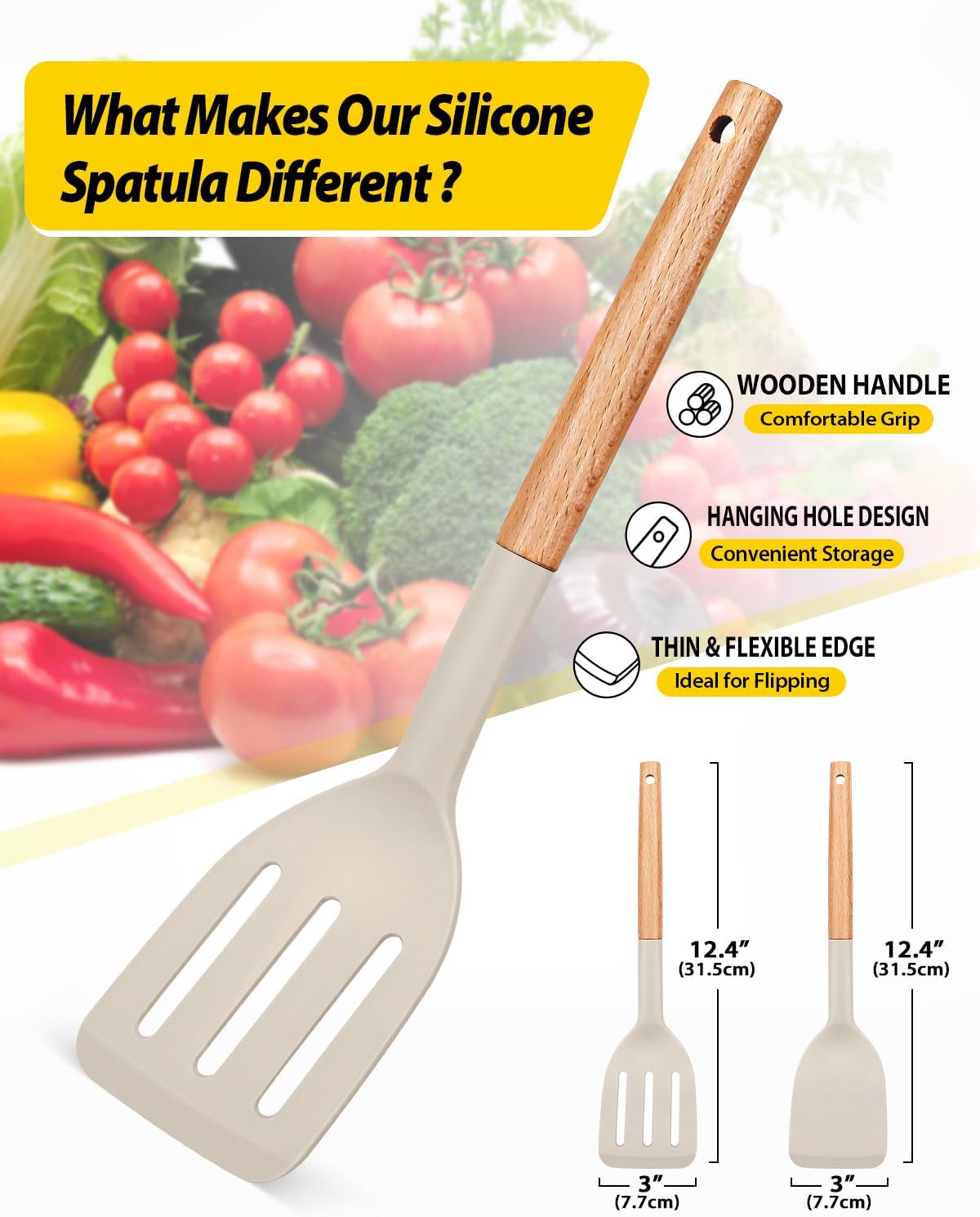 Pack of 2 Silicone Cooking Spatula, Heat Resistant Solid Turner, Non Stick Slotted Spatulas with