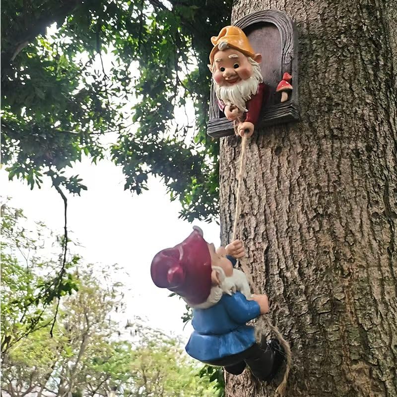 Climbing Gnomes Tree Faces Decor Outdoor for Yard, Adorable Gnome Elf Out Hugger Fairy Door Statue