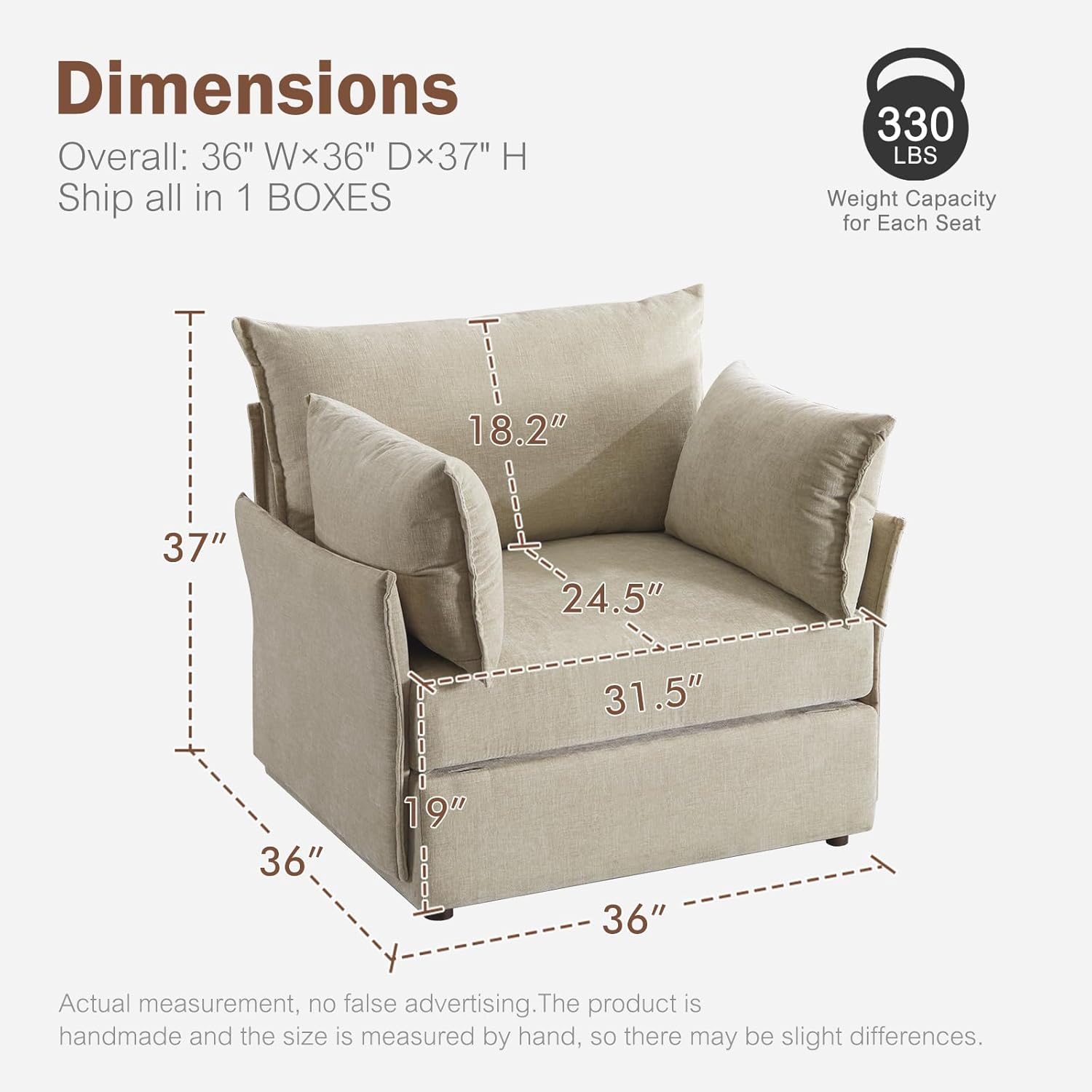 Oversized Accent Chair, Upholstered Modern Sofa Chair with Removable Backrest & Detachable Cover