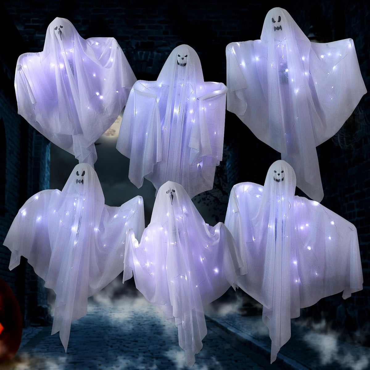 6 Pack Halloween Hanging Ghost Decorations with Lights, 27.5 Inch LED Light-Up Spooky Ghosts Indoor