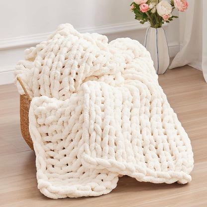 Chunky Knit Throw Blanket, 50''*60'' Knitted Throw Chenille Yarn for Bed Couch, Handmade Cream