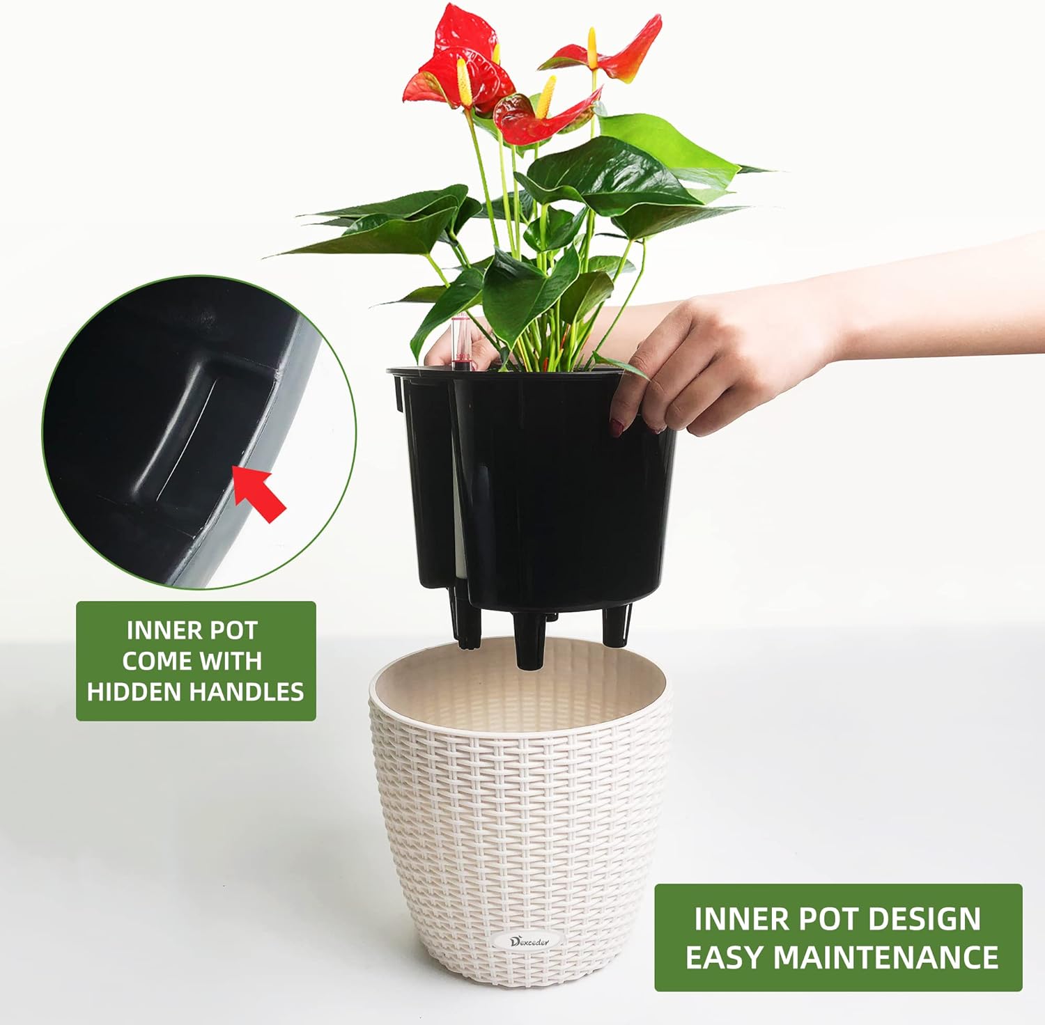 Dexceder 9x8 Inches Rattan Self Watering Planter Indoor Outdoor, Inner Pot Design, Thickened Table