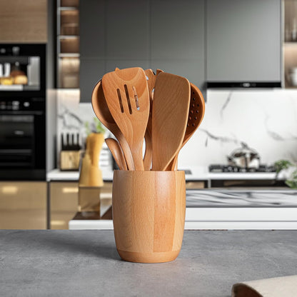 11 PCS WOSPONFAN Kitchen Utensils Set - Wooden Spoons for Cooking, Natural Beech Wood Wooden