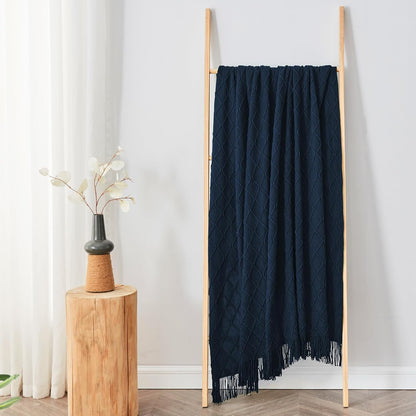 inhand Knitted Throw Blankets for Couch and Bed, Soft Cozy Knit Blanket with Tassel, Dark Blue