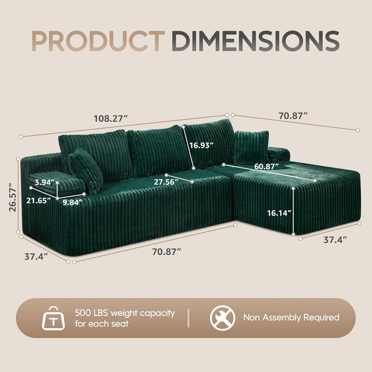 Hobestluk Modular Sectional Sofa Couches 108" L-Shape Couch 3 Seat Modular Sofa Memory Foam