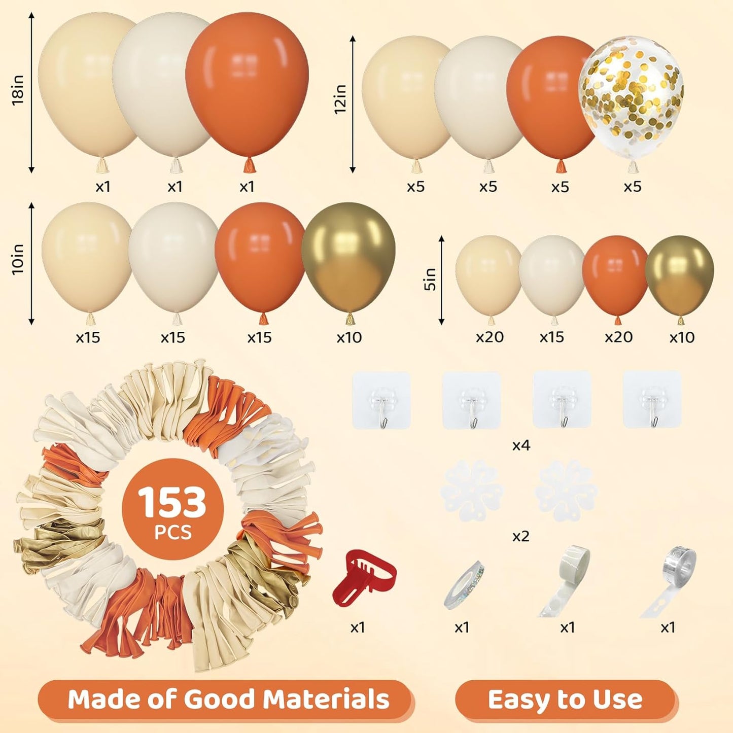 Amandir 153pcs Orange Balloon Arch Garland Kit, Different Sizes 18 12 10 5inch Latex Metallic Gold