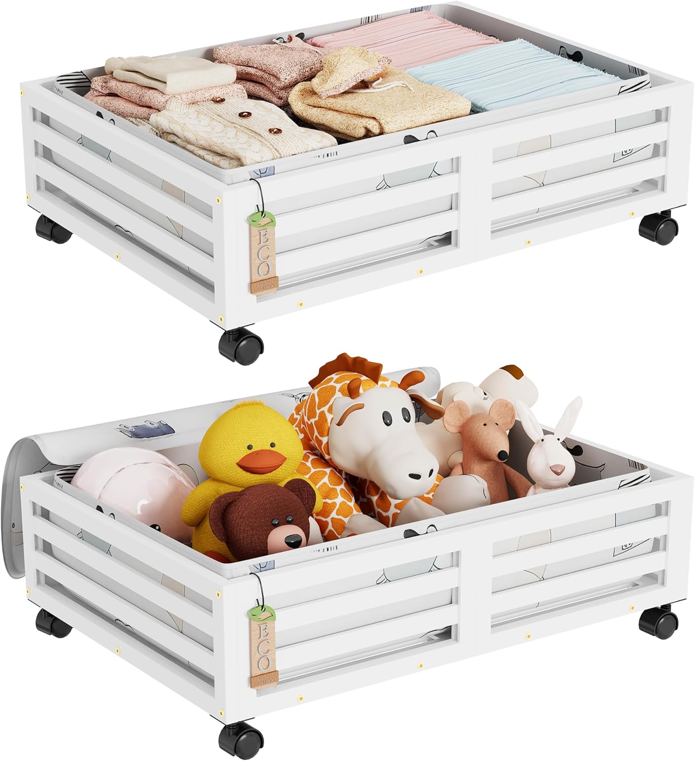 Under Bed Storage with Wheels-Large Bamboo Underbed storage Containers with Large Dust Bag