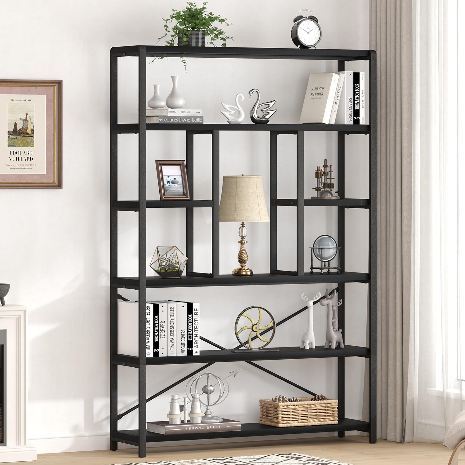 LVB 6 Tier Tall Black Bookshelf, Modern Large Wide Book Rack Storage, Industrial Wood Metal Etagere