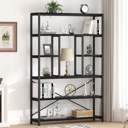 LVB 6 Tier Tall Black Bookshelf, Modern Large Wide Book Rack Storage, Industrial Wood Metal Etagere