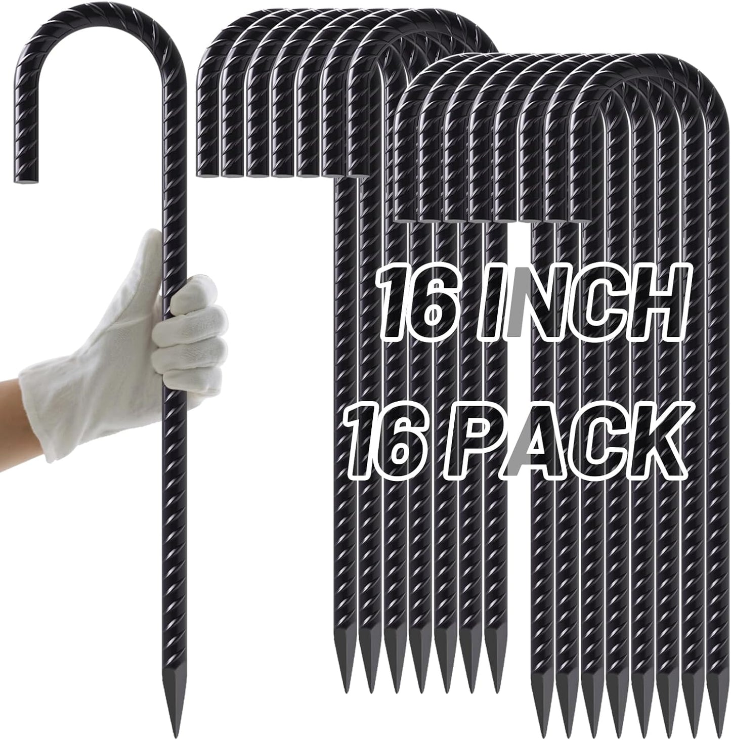 AAGUT 16 Inch Rebar Stakes 3/8" J Hook (16pcs) Heavy Duty Steel Ground Anchors Tent Stakes Ground