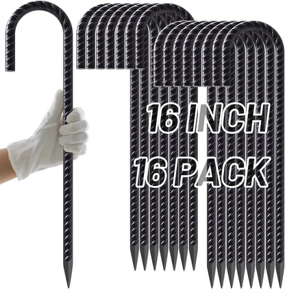 AAGUT 16 Inch Rebar Stakes 3/8" J Hook (16pcs) Heavy Duty Steel Ground Anchors Tent Stakes Ground