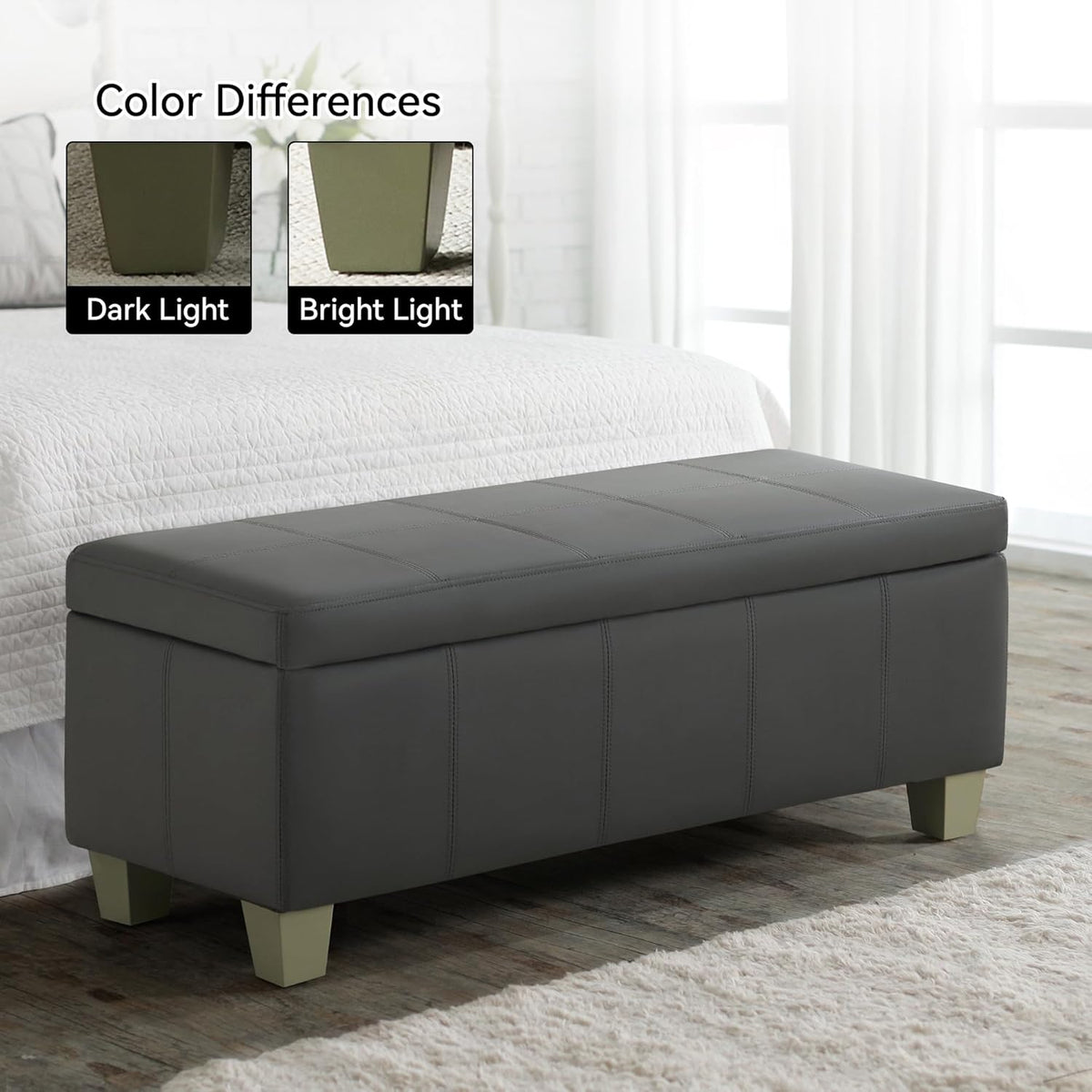 41" Faux Leather Storage Ottoman, Stitch Tufted Rectangle Upholstered End of Bed Storage Bench