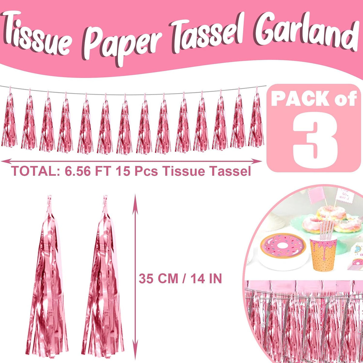3P Light Pink Foil Fringe Metallic Tassel Streamers Banner Tassel Garland for Parade Floats