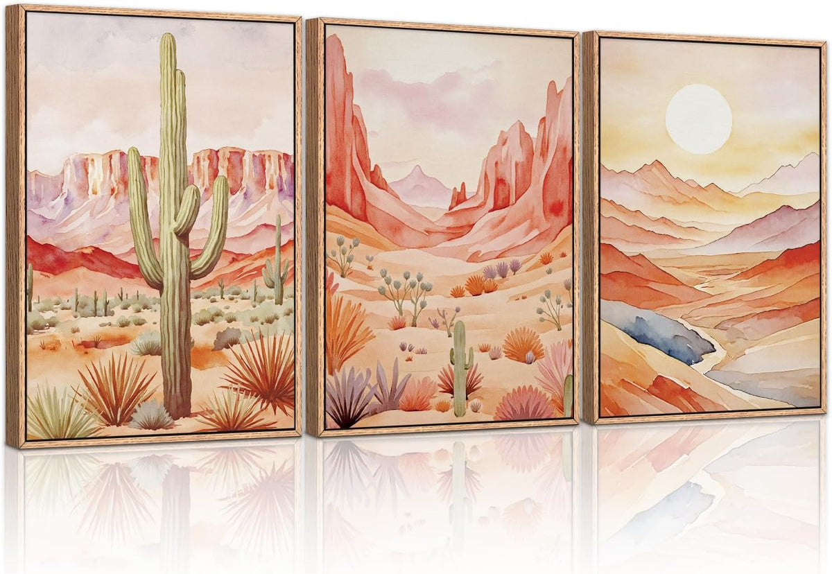 HLNIUC Boho Desert Plant Framed Canvas Wall Art Set,Southwestern Sun Mountain Wall Decor,Cactus