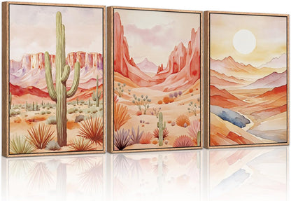 HLNIUC Boho Desert Plant Framed Canvas Wall Art Set,Southwestern Sun Mountain Wall Decor,Cactus