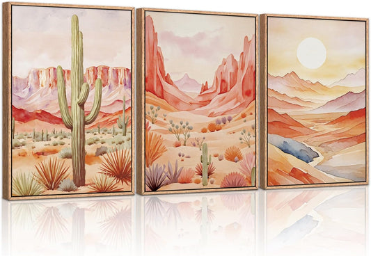 HLNIUC Boho Desert Plant Framed Canvas Wall Art Set,Southwestern Sun Mountain Wall Decor,Cactus