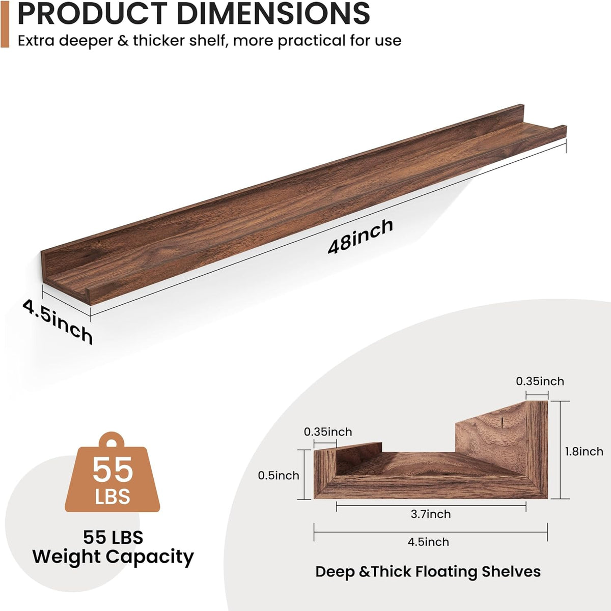 Fun Memories Picture Ledge Shelves Set of 2, 24 Inch Rustic Wall Mounted Floating Shelves with Lip