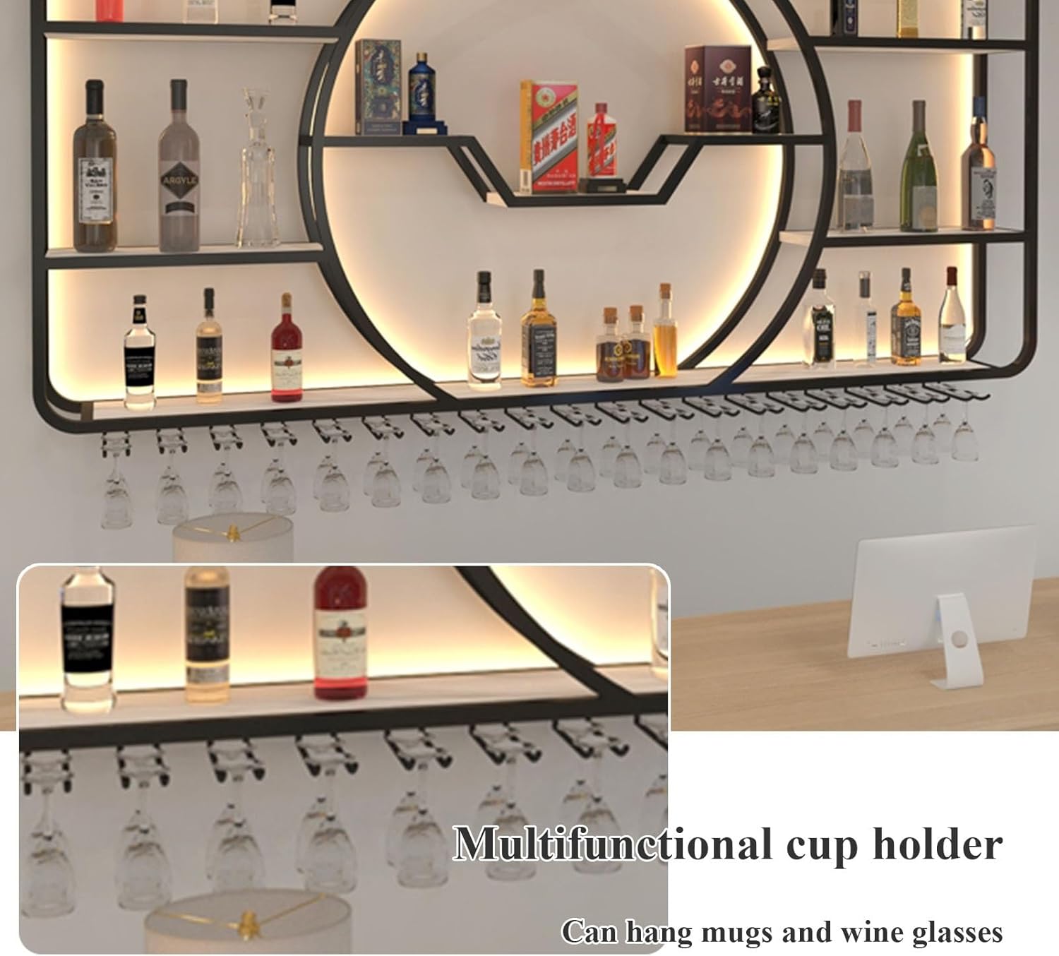 3-Tiers Metal Wine Rack Wall Mounted Modern With LED Light With Wine Glass Holder Large Liquor Bar