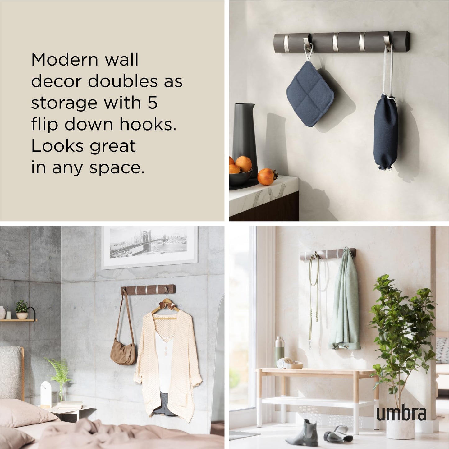 Umbra Flip Coat Rack, Wall Mounted 5-Hook Space Saving, Driftwood/Nickel