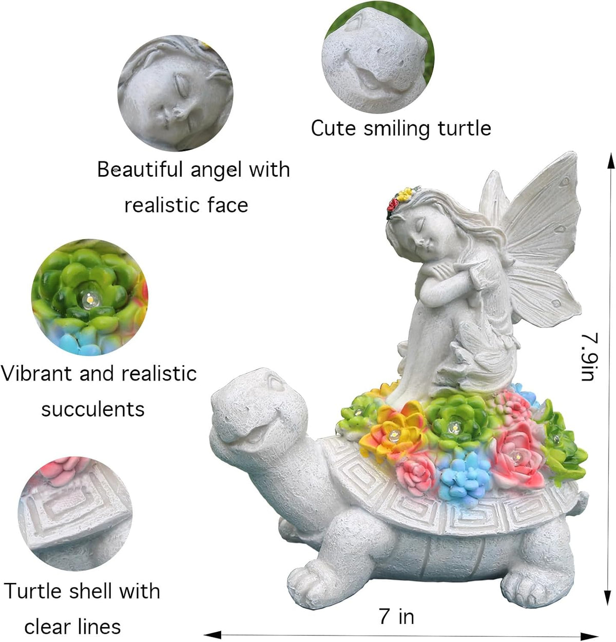 Garden Statues Outdoor Decorations Solar Turtle Angels Decor with Succulents LED Lights Garden