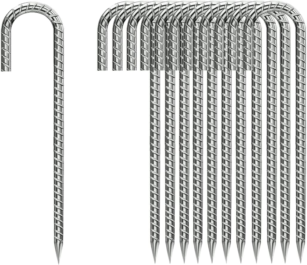 Ground-Stakes-Heavy-Duty-12 inch, J-Hook Rebar Stakes Galvanized Anti-Rust 20pcs Garden Stakes