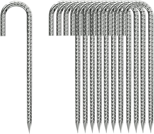 Ground-Stakes-Heavy-Duty-12 inch, J-Hook Rebar Stakes Galvanized Anti-Rust 20pcs Garden Stakes