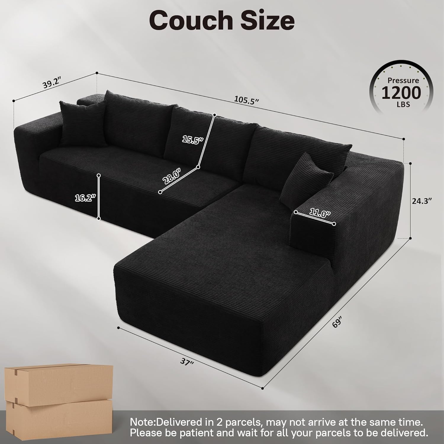 104" Cloud Sectional Couches for Living Room,L Shaped Boneless Couch in A Box,Sleeper Sofa with