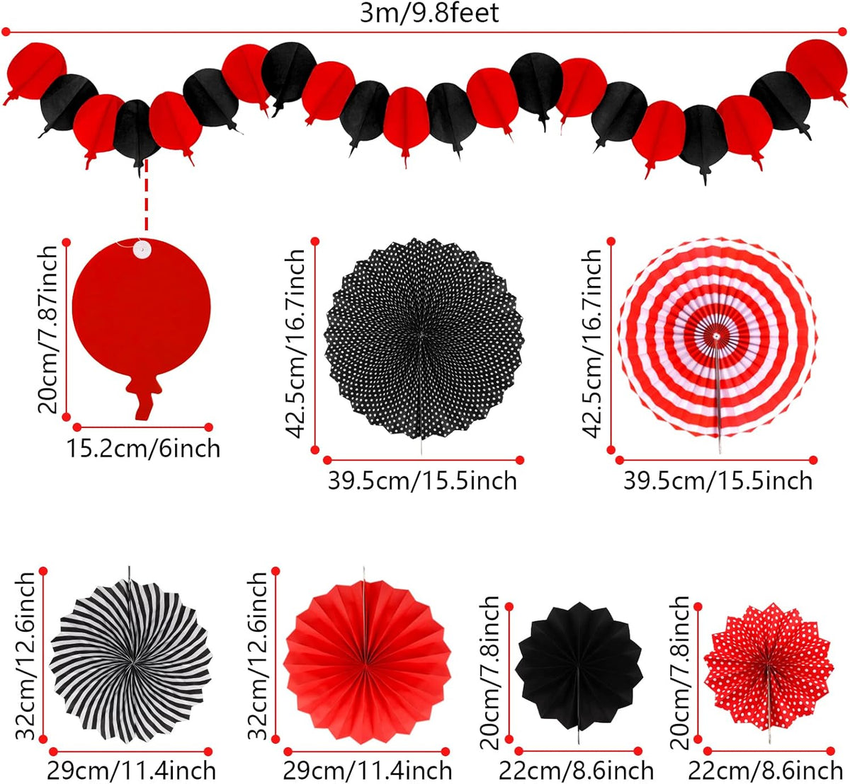 Red and Black Party Decorations, Papar Fans Pompoms Fans Garlands for Birthday Wedding Graduation