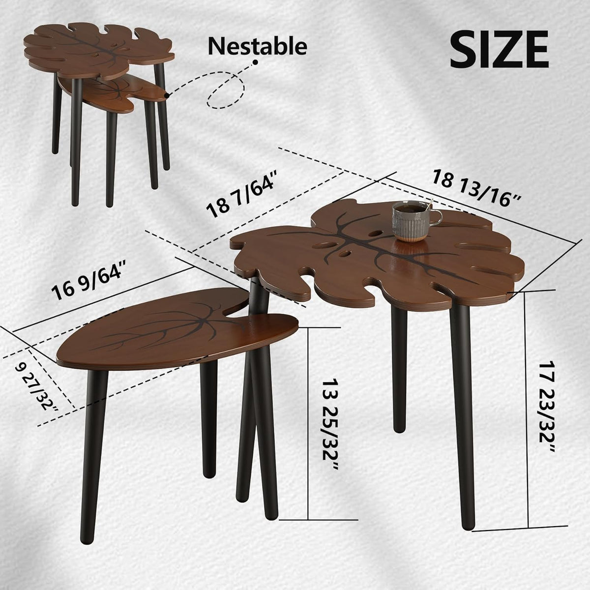 BAMEOS Monstera Leaf Nesting Tables Set of 2, Small Coffee Table Set with Leaf Vein Pattern, Modern