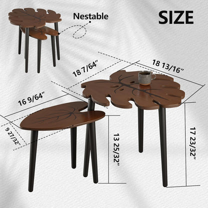 BAMEOS Monstera Leaf Nesting Tables Set of 2, Small Coffee Table Set with Leaf Vein Pattern, Modern