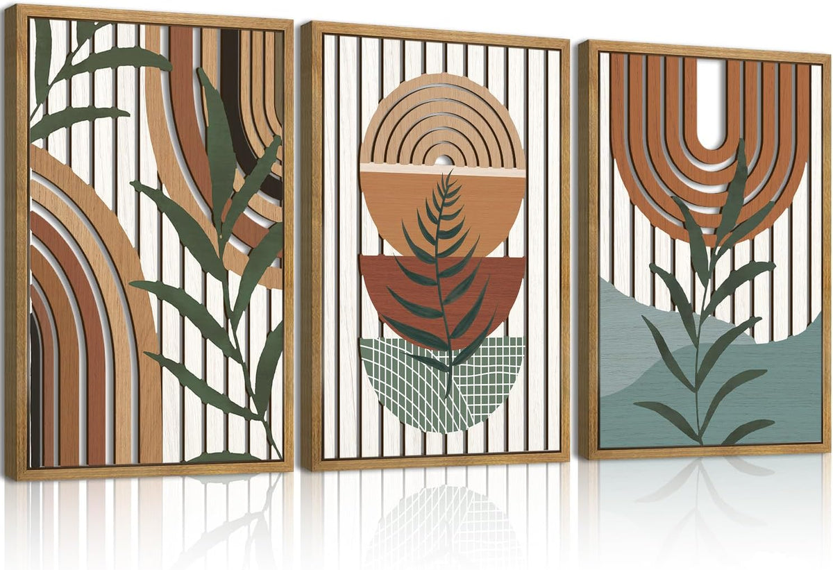 Large Boho Mid Century Wood Wall Art Set,Modern Geometric Leaves Artwork Bohemian Wall