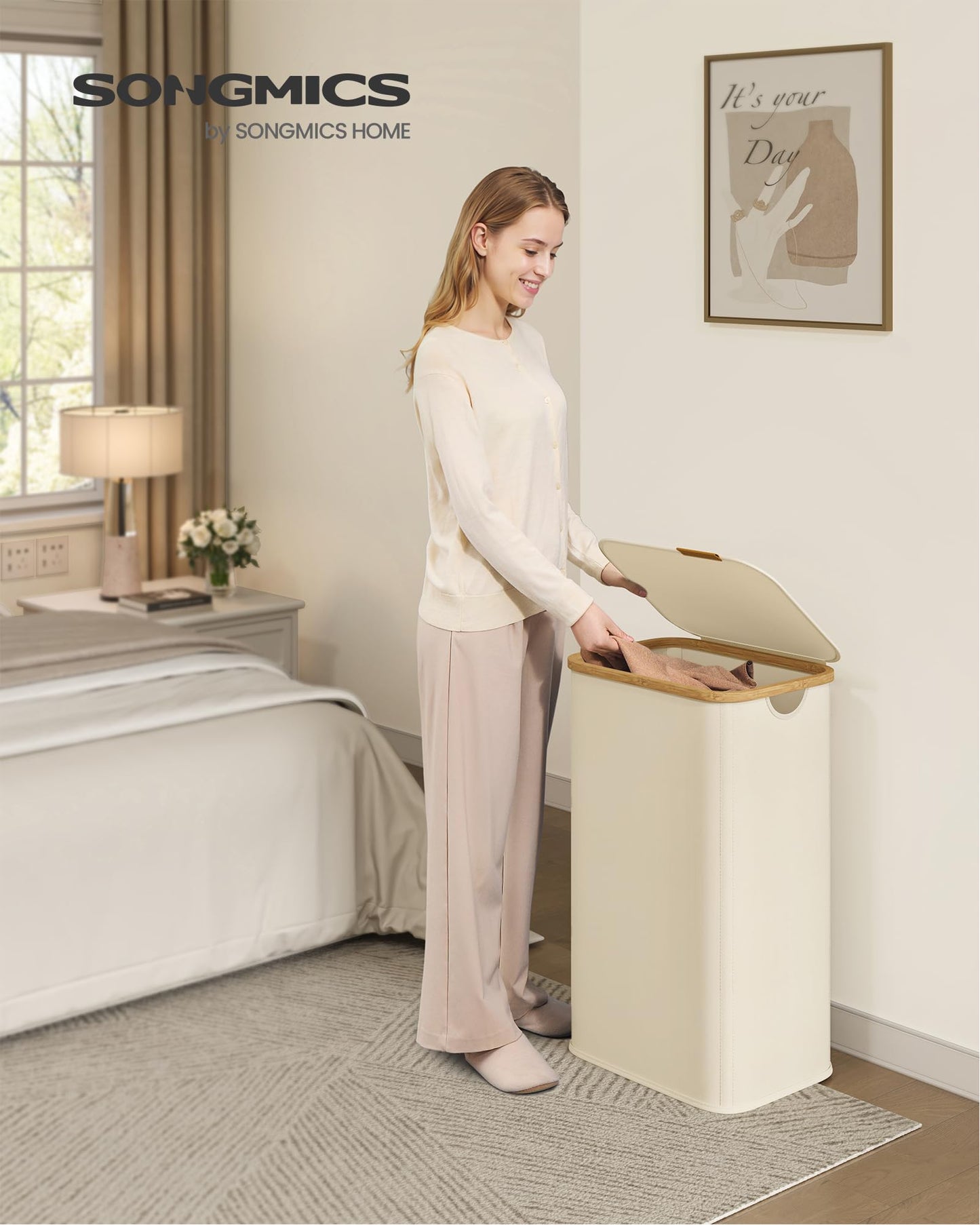 SONGMICS Laundry Hamper, Laundry Basket with Lid, Foldable Storage Basket, Bamboo Frame, for