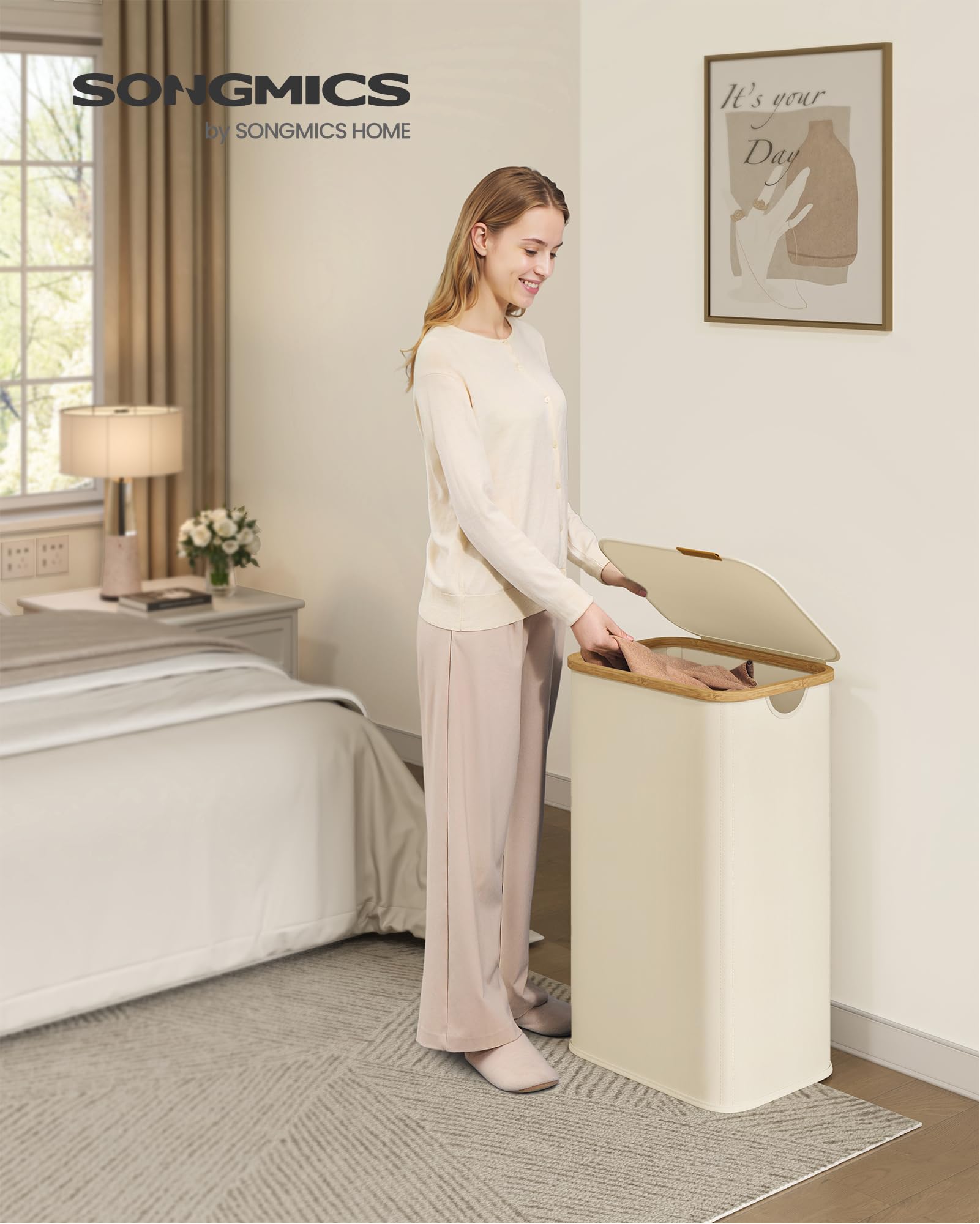 SONGMICS Laundry Hamper, Laundry Basket with Lid, Foldable Storage Basket, Bamboo Frame, for