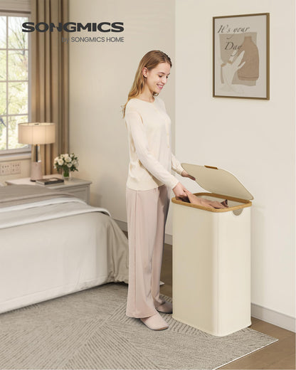 SONGMICS Laundry Hamper, Laundry Basket with Lid, Foldable Storage Basket, Bamboo Frame, for