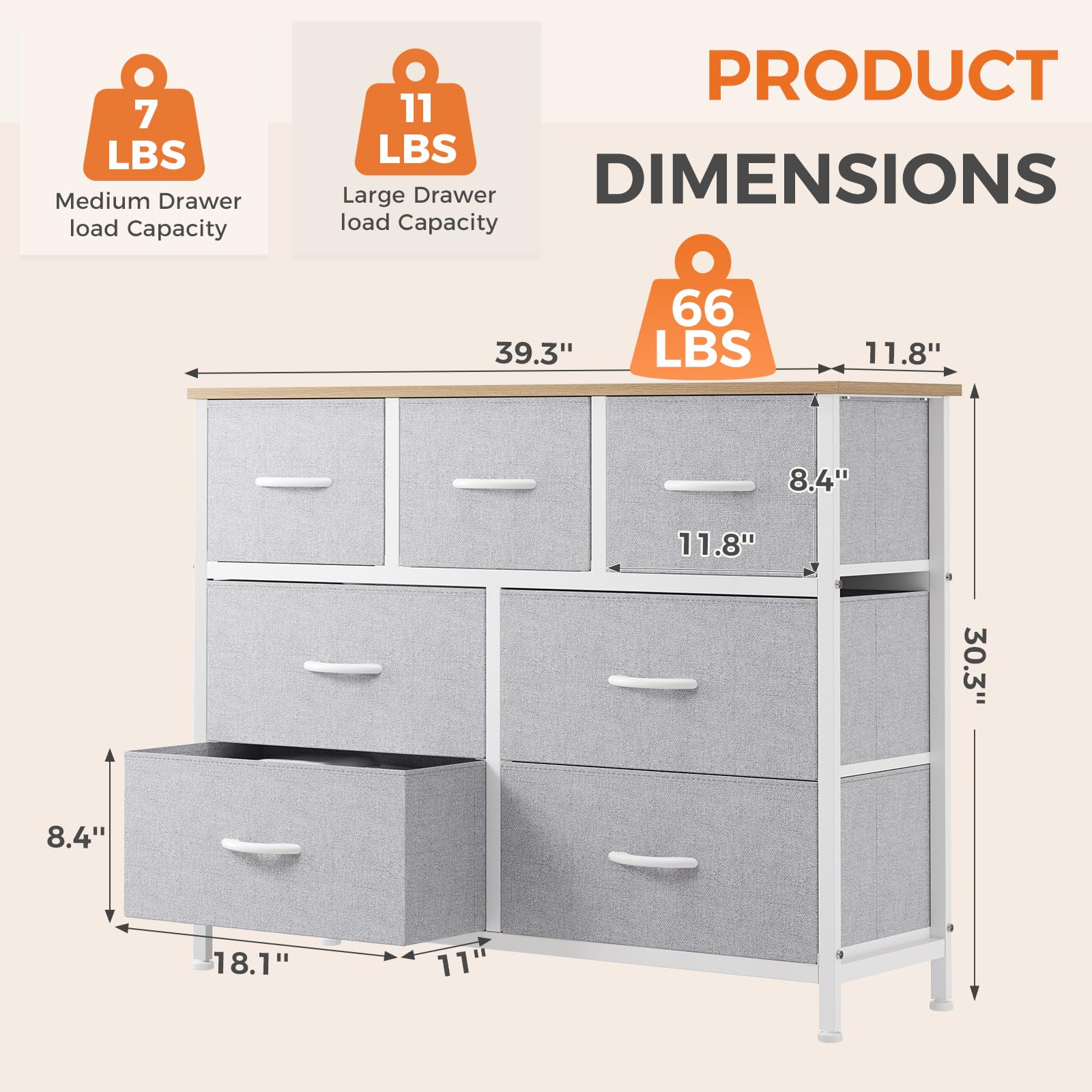 Sweetcrispy 7 Drawer Dresser for Bedroom Storage, Fabric Bins, Light Grey