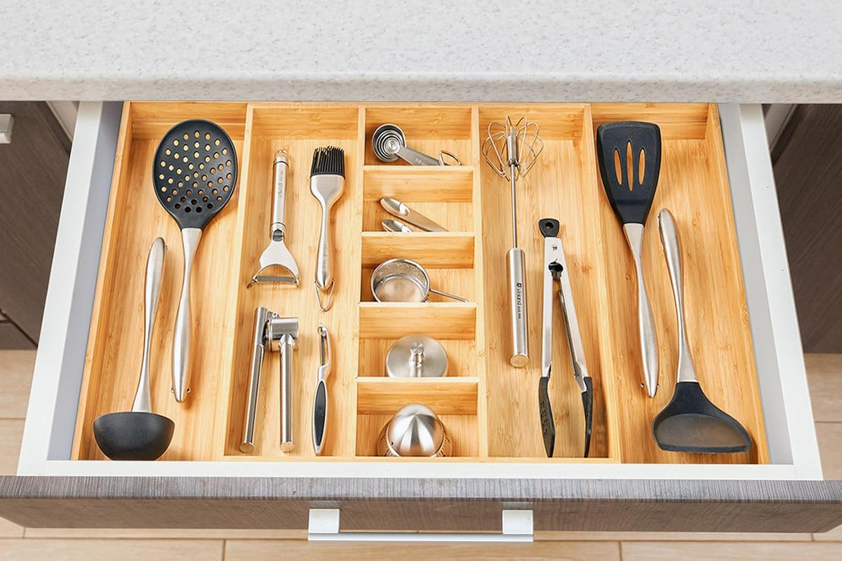 Umilife Extra Large Expandable Kitchen Drawer Organizer for Utensil and Junk, 19" Deep for Big