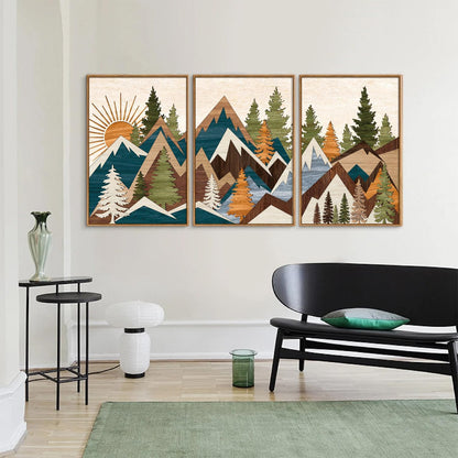 Tinonedraw Large Metal Mountain Framed Canvas Wall Art, Boho Rustic Sunrise Forest Wall Decor, 3