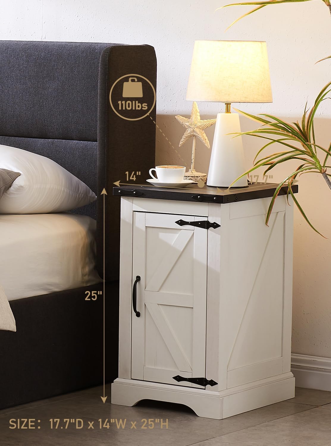 JXQTLINGMU Nightstand with Charging Station, Rectangular Farmhouse End Table with Barn Door and