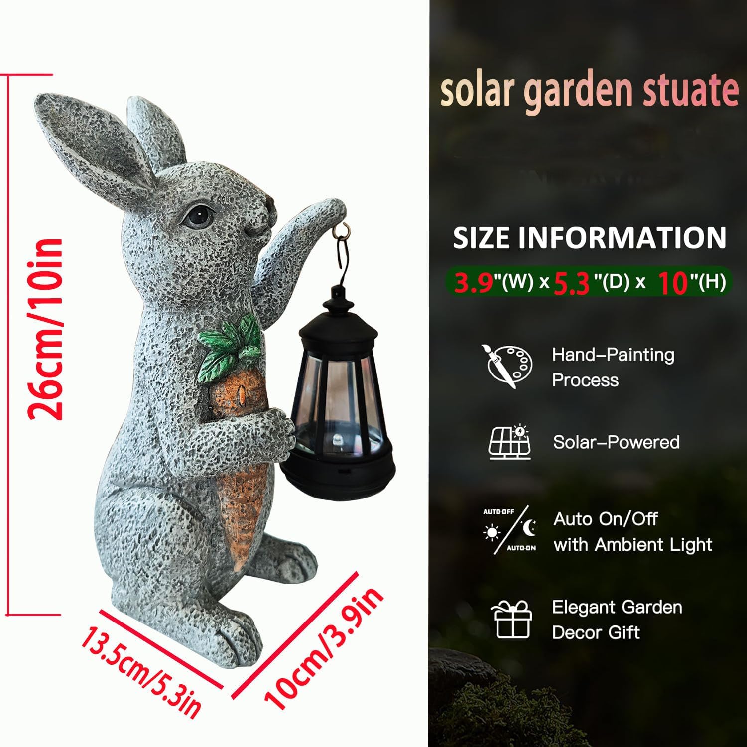 Garden Statues Rabbit Solar Lantern Outdoor Handmade Resin Statue Bunny with Cute Carrot for Patio