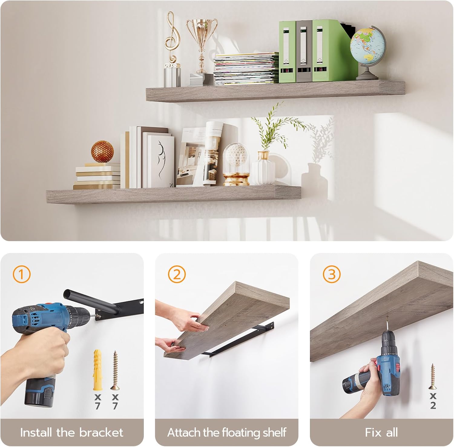 HOOBRO Floating Shelves, Wall Shelf Set of 2, 23.6 Inch Hanging Shelf with Invisible Brackets, for