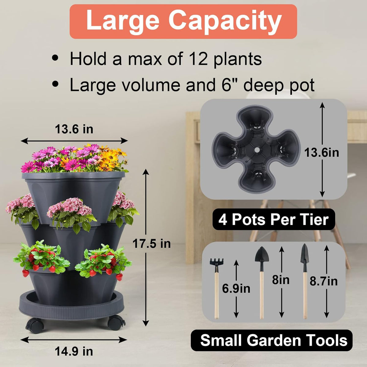 DUNCHATY Stackable Planter, Vertical Garden Planter with Wheels and Tools, Self Watering Strawberry