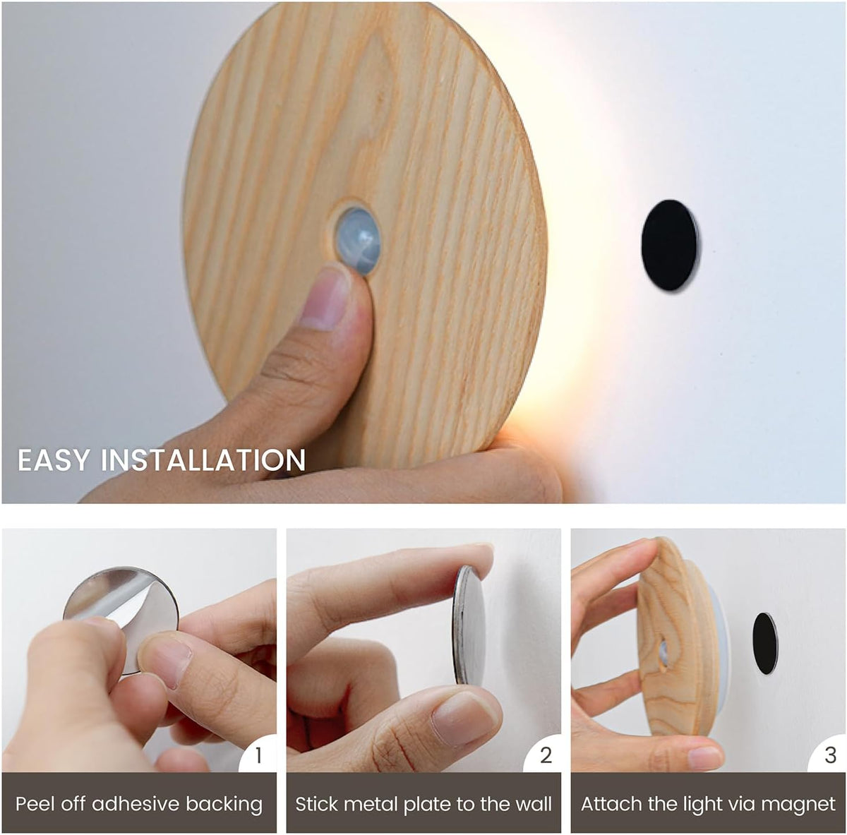Motion Sensor Night Light Wood Rechargeable Battery-Powered Stick-On Step Lights Loftie Lights